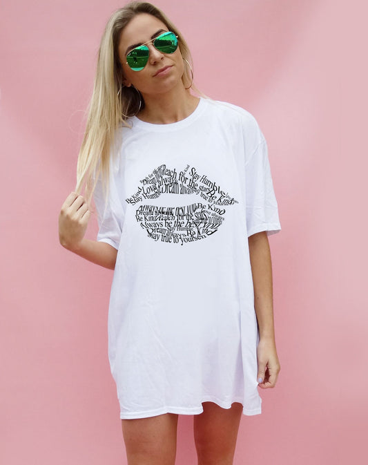 White Tshirt Dress with Positive Slogan Lip Print