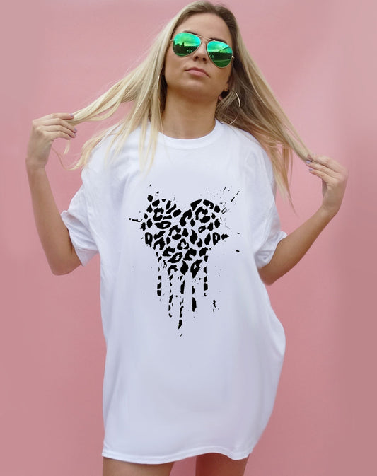 Monochrome Leopard Print Heart Drip Splatter Oversize Tshirt Dress