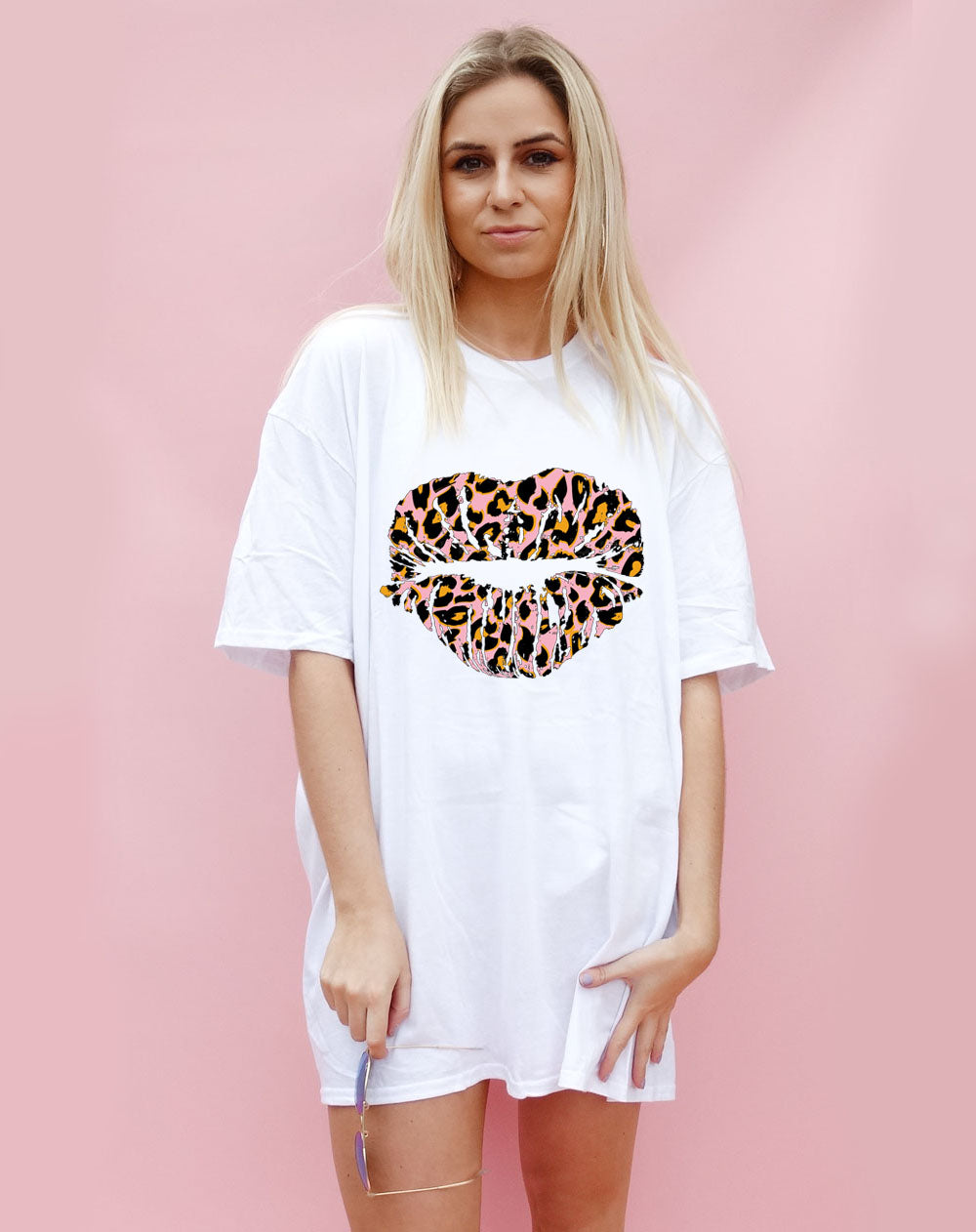 Pink and Orange Leopard Lip Kiss Oversize Tshirt Dress