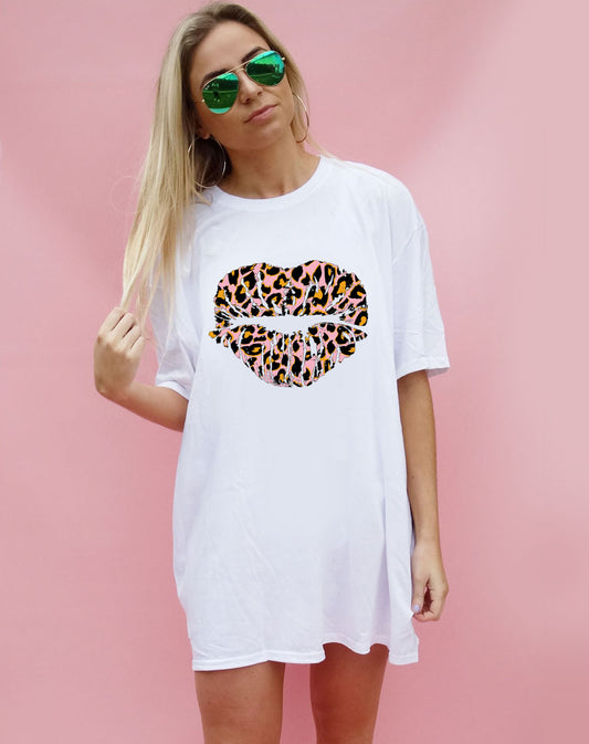 Pink and Orange Leopard Lip Kiss Oversize Tshirt Dress