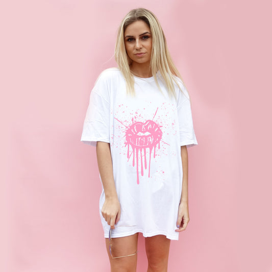 Pink Drip Splat Lip Tshirt In White