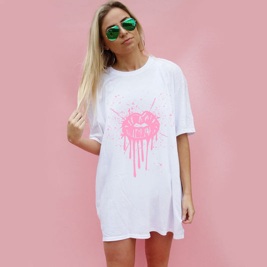 Pink Drip Splat Lip Tshirt In White