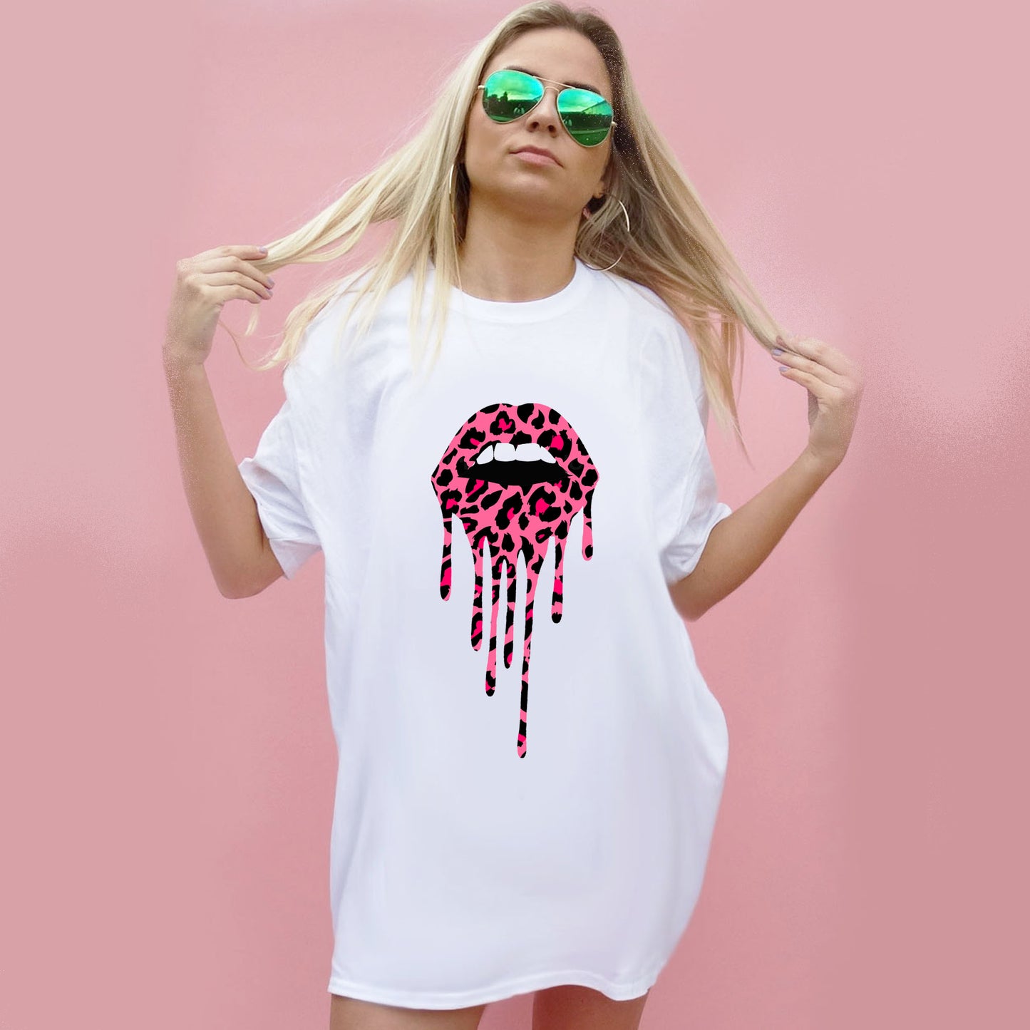 Pink and Rose Leopard Print Drip Lip Oversize Tshirt