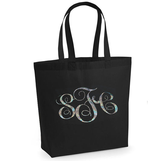 Personalised Silver Monogram Print Tote Bag In Black