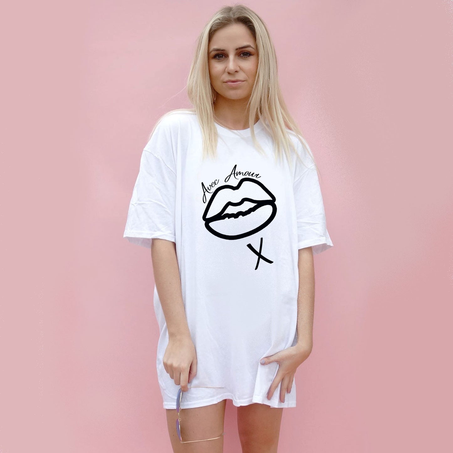 With Love Lip Print Oversize Tshirt Dress In White