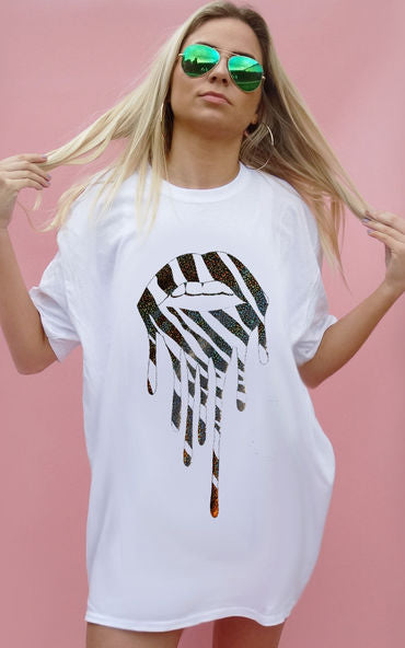 Holographic Zebra Drip Lip T-shirt In White