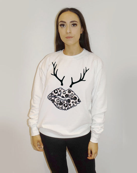 White Sweatshirt Jumper With Christmas Ball Ball Lip Print