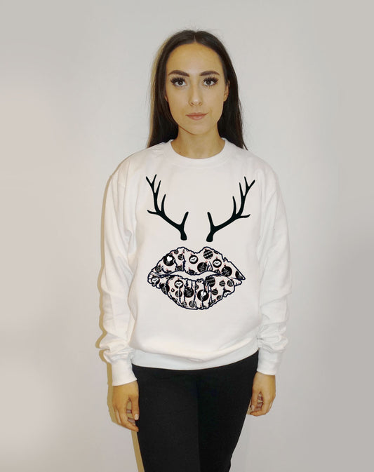 White Sweatshirt Jumper With Christmas Ball Ball Lip Print