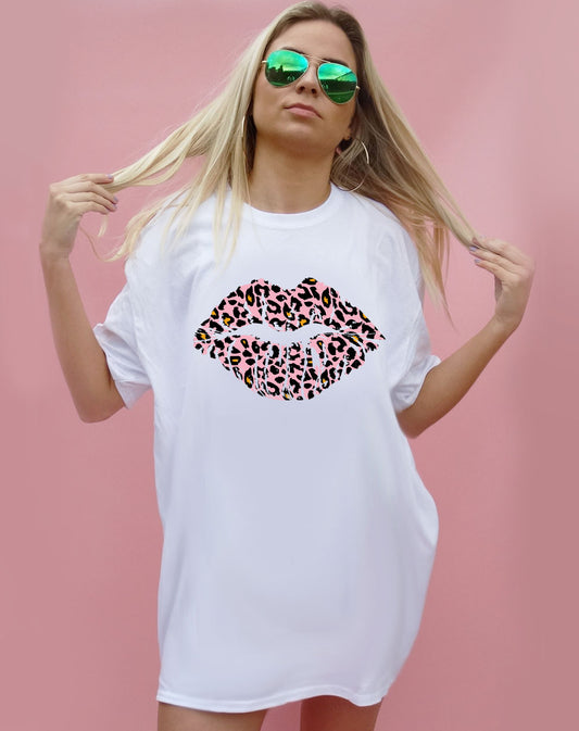 White Tshirt with Pink & Orange Leopard Kiss