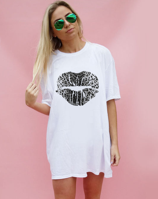 Monochrome Leopard Lip Kiss Oversize Tshirt Dress