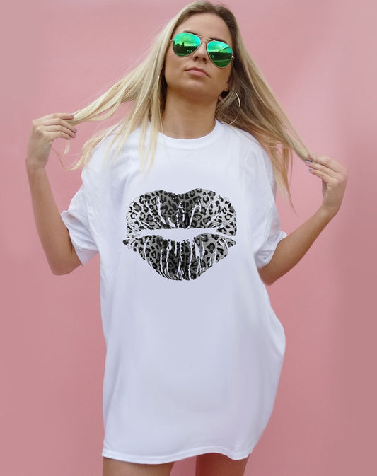 Monochrome Leopard Lip Kiss Oversize Tshirt Dress