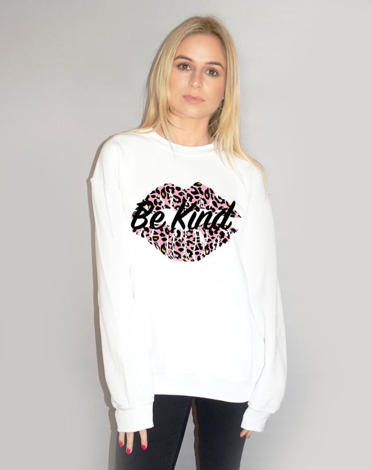 Be Kind Pink Leopard Slogan In White Jumper