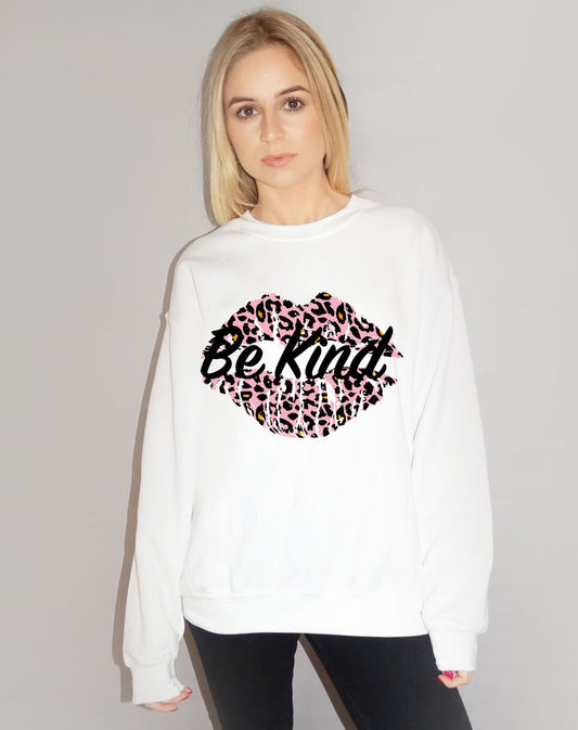 Be Kind Pink Leopard Slogan In White Jumper