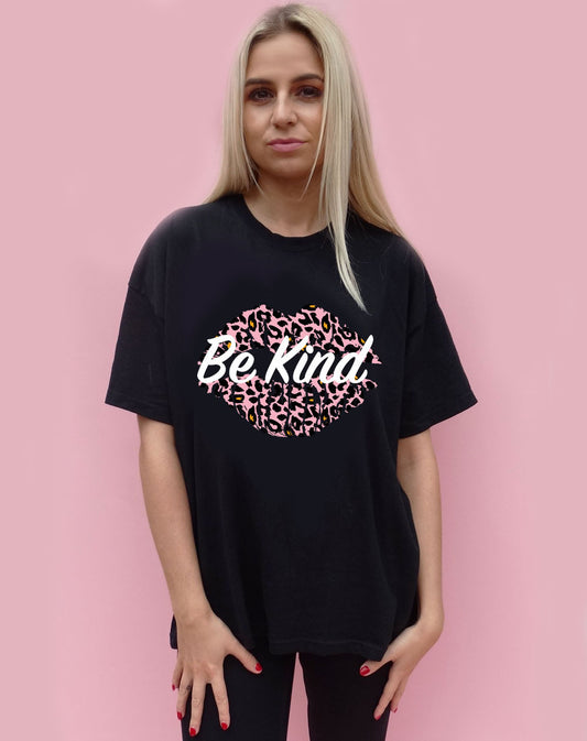 Black Tshirt with Be Kind Pink Leopard Kiss