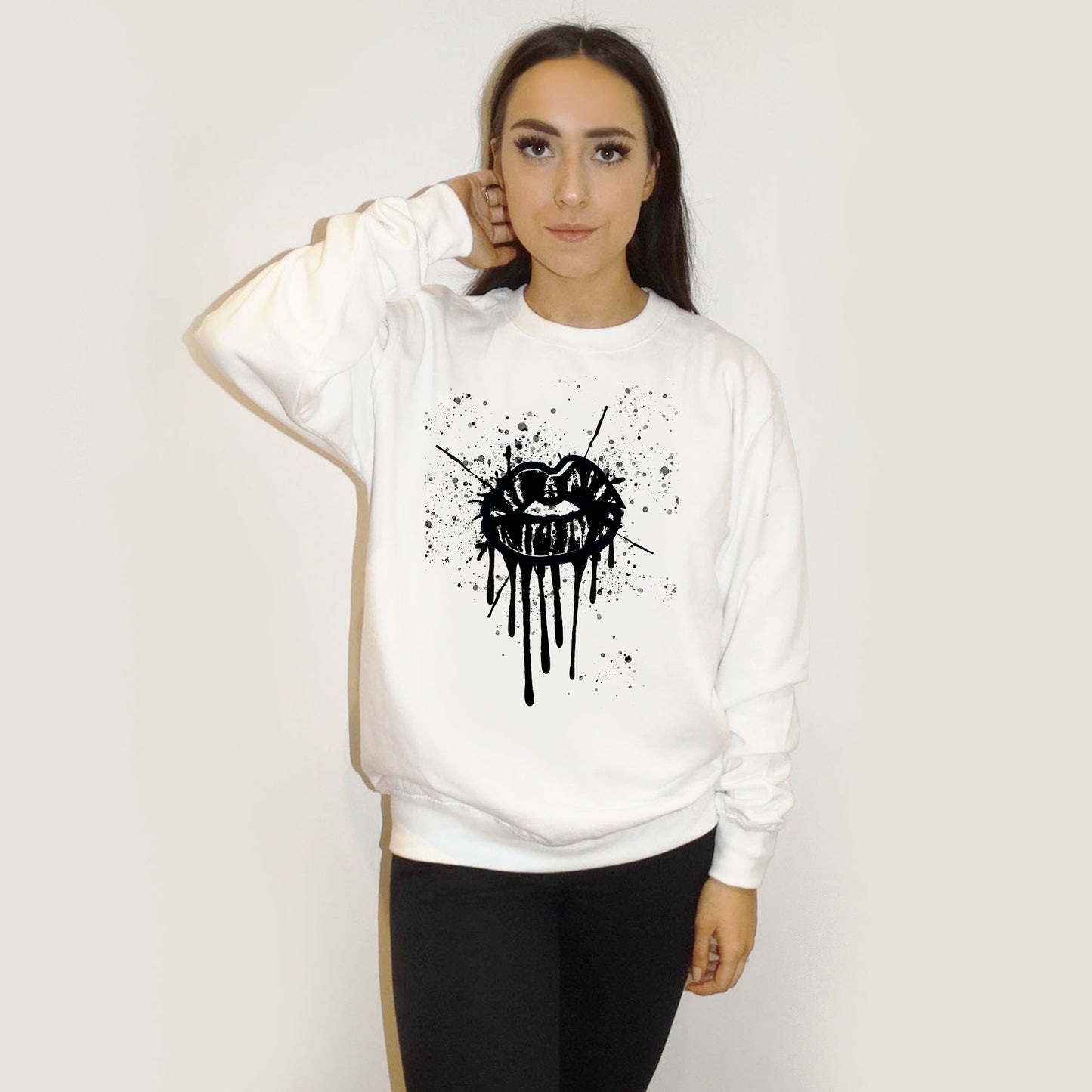 Black Drip Splat Lip Print Jumper In White