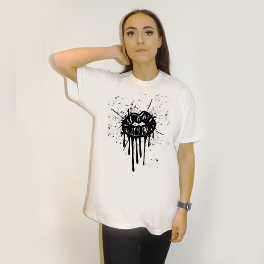 Black Drip Splat Lip Print Tshirt In White