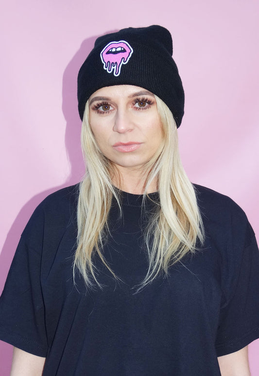 Black Drip Lip Beanie Hat