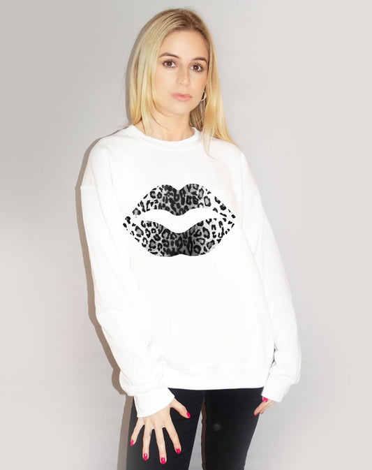 Black and White Leopard Lip Jumper In White