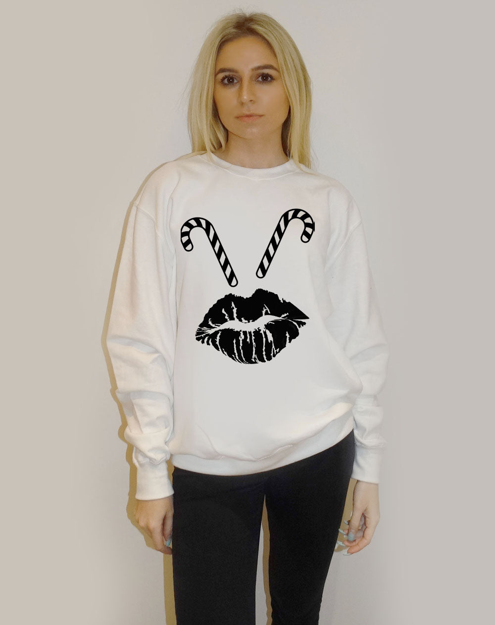 White Christmas Jumper With Candy Cane Lip Print