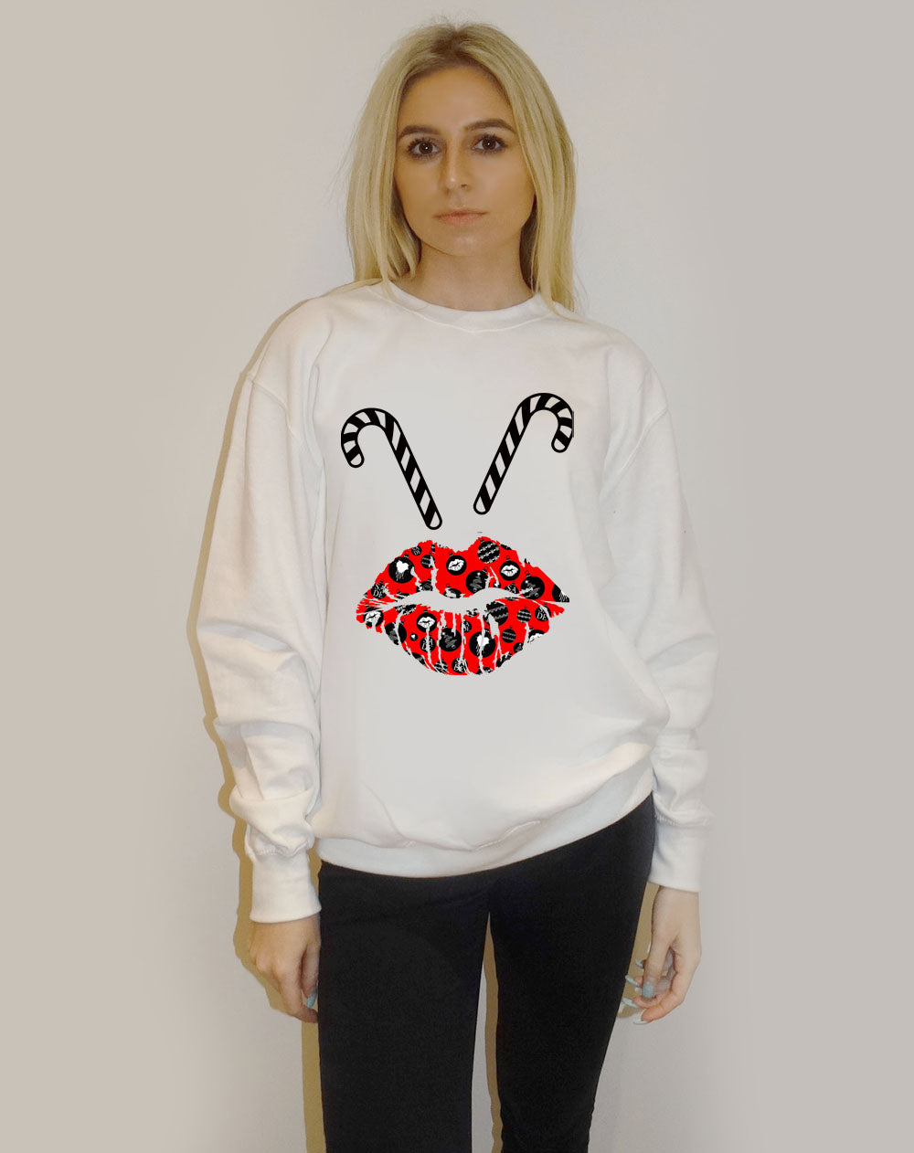 White Christmas Jumper With Candy Cane Lip Print