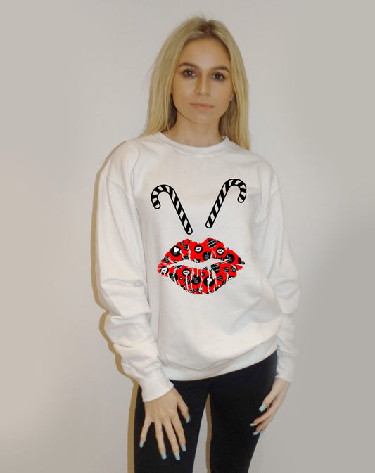 White Christmas Jumper With Candy Cane Lip Print