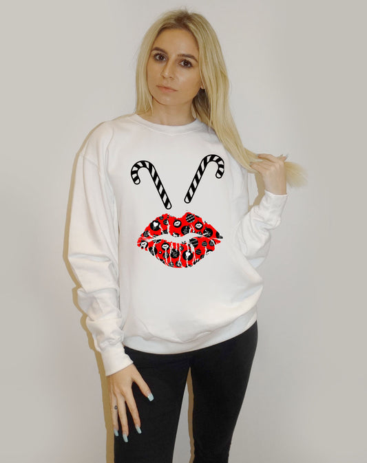 White Christmas Jumper With Candy Cane Lip Print