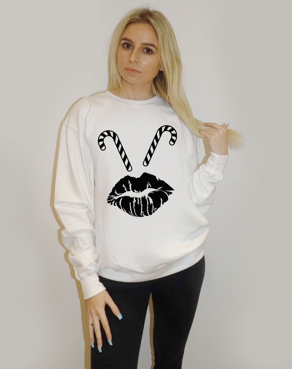 White Christmas Jumper With Candy Cane Lip Print