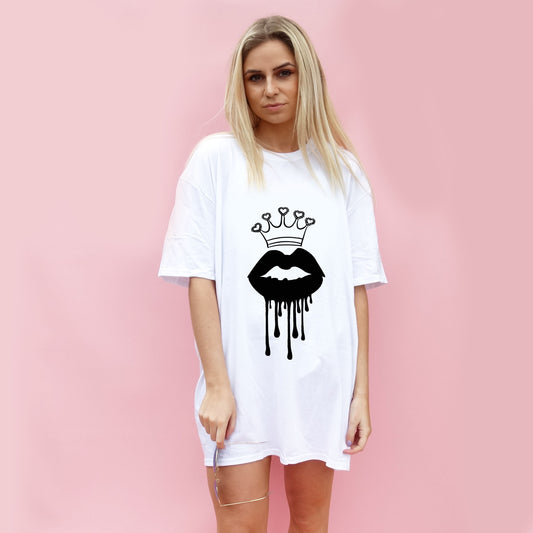 Black Royal Lip Drip Print Tshirt In White