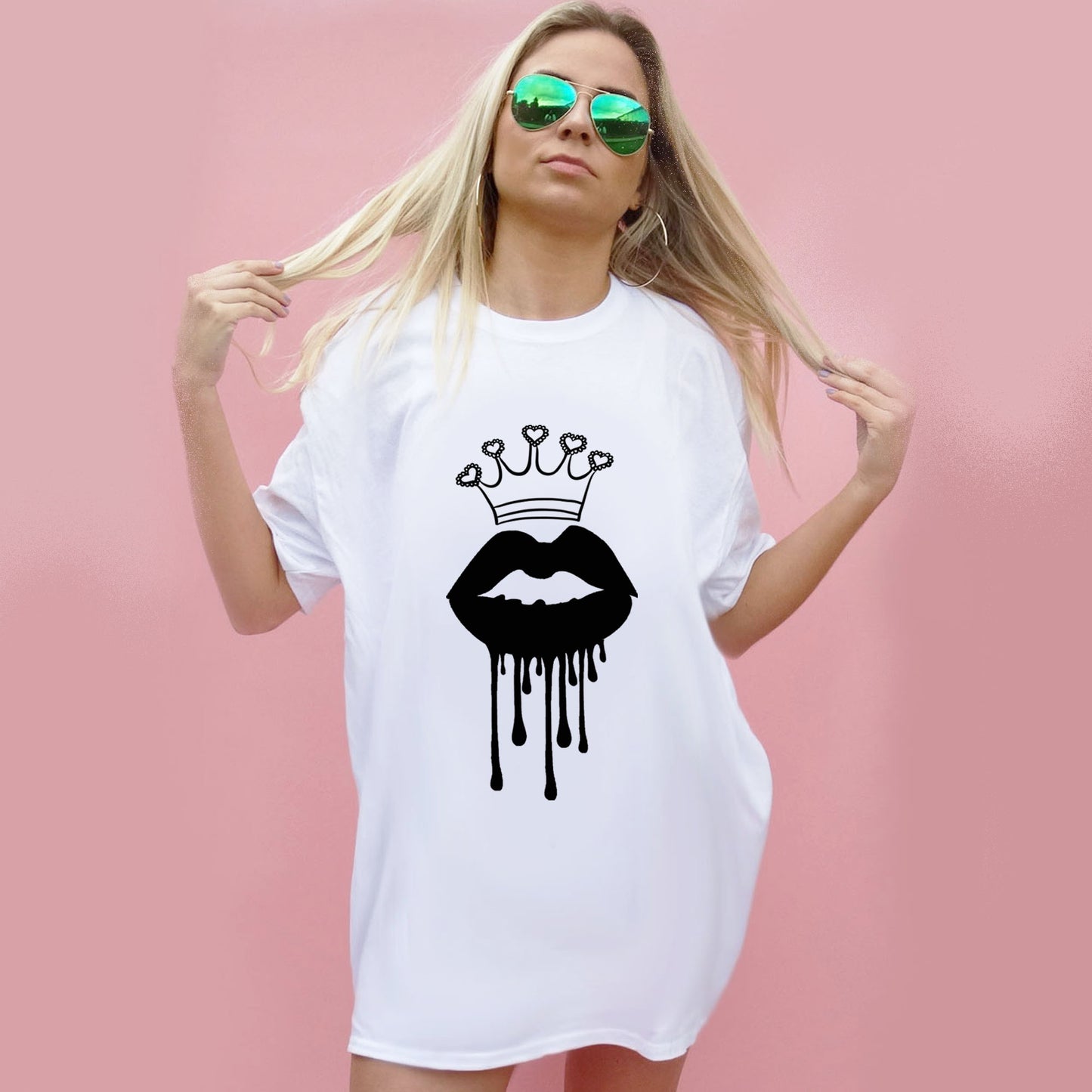 Black Royal Lip Drip Print Tshirt In White