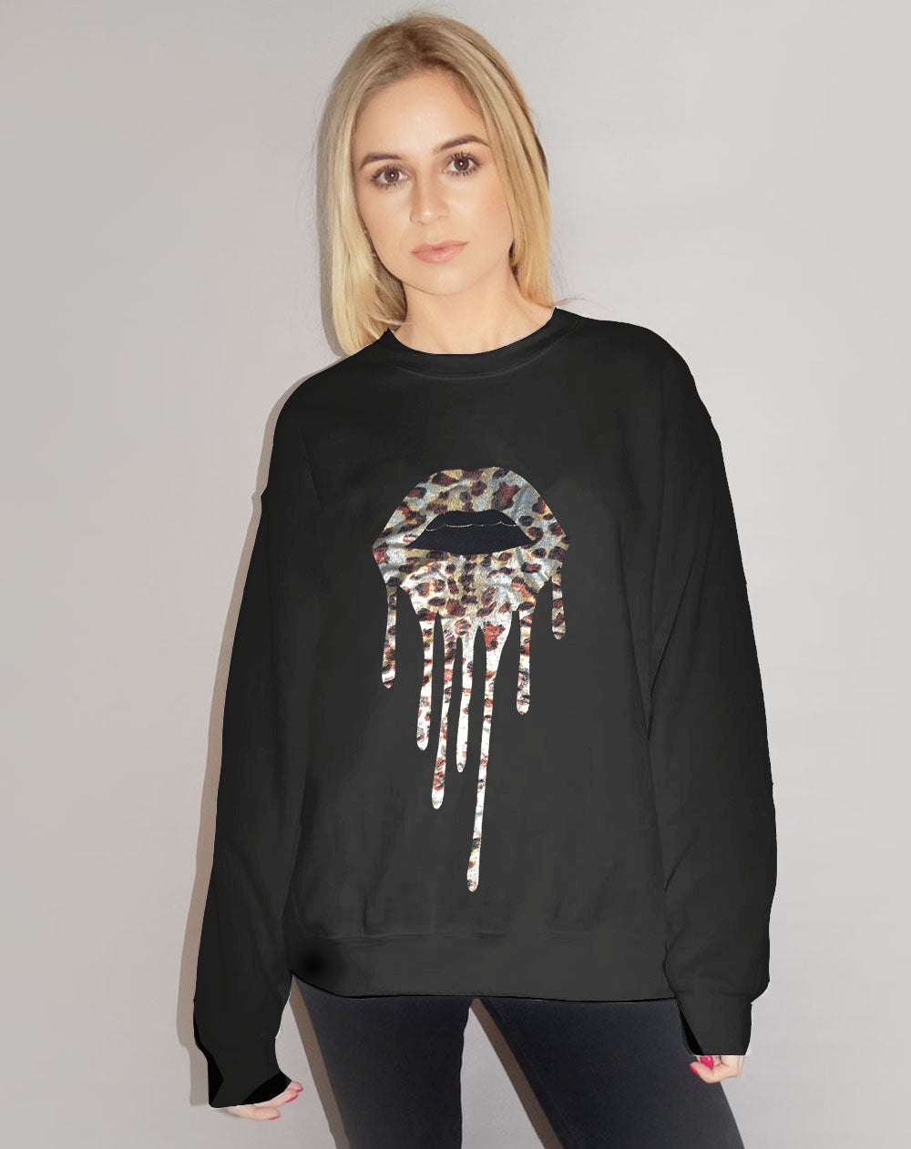 Jumper In Black With Silver Foil Leopard Print Drip Lip