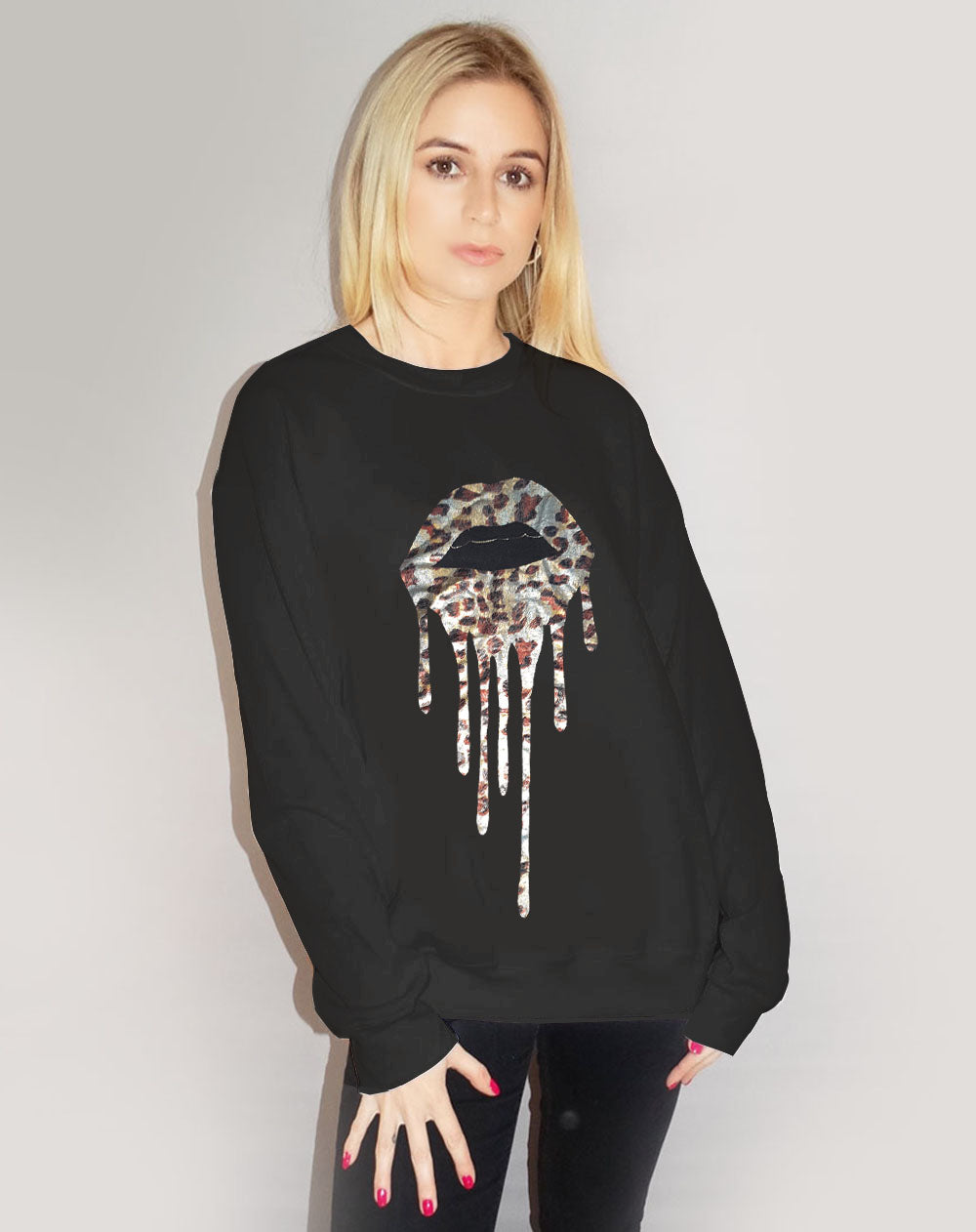 Jumper In Black With Silver Foil Leopard Print Drip Lip