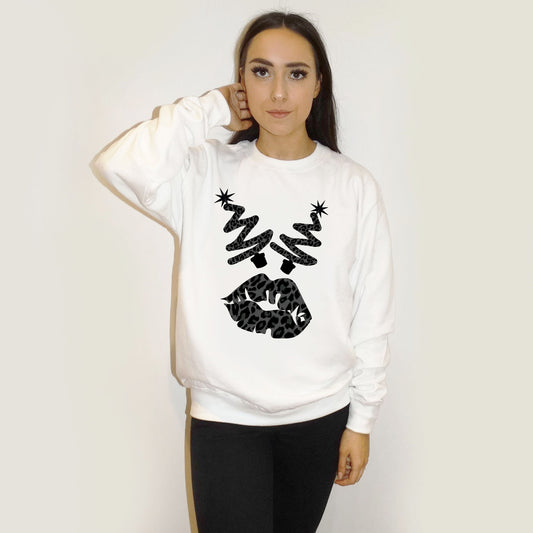 White Christmas Jumper With Black Leopard Tree Graphic Lip Print