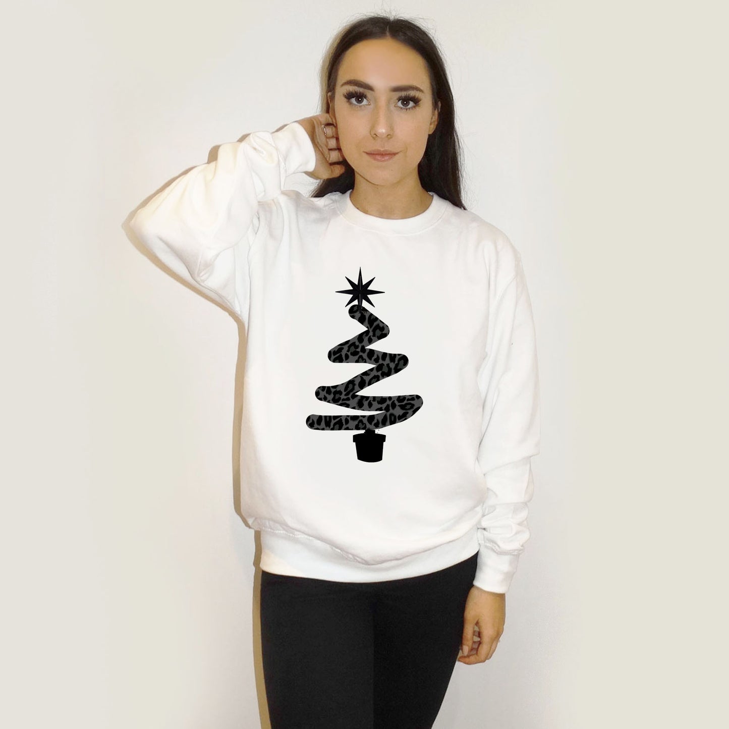 White Christmas Sweater With Black Leopard Christmas Tree Print