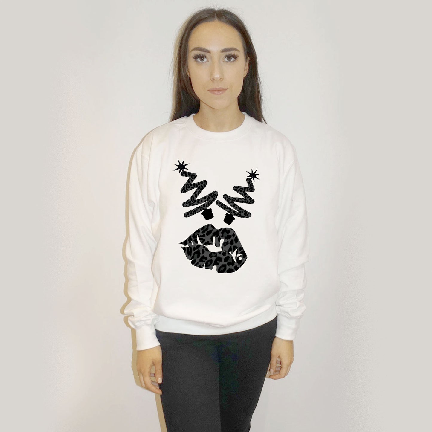 White Christmas Jumper With Black Leopard Tree Graphic Lip Print