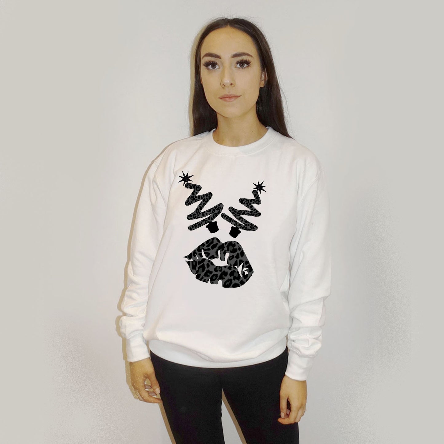 White Christmas Jumper With Black Leopard Tree Graphic Lip Print