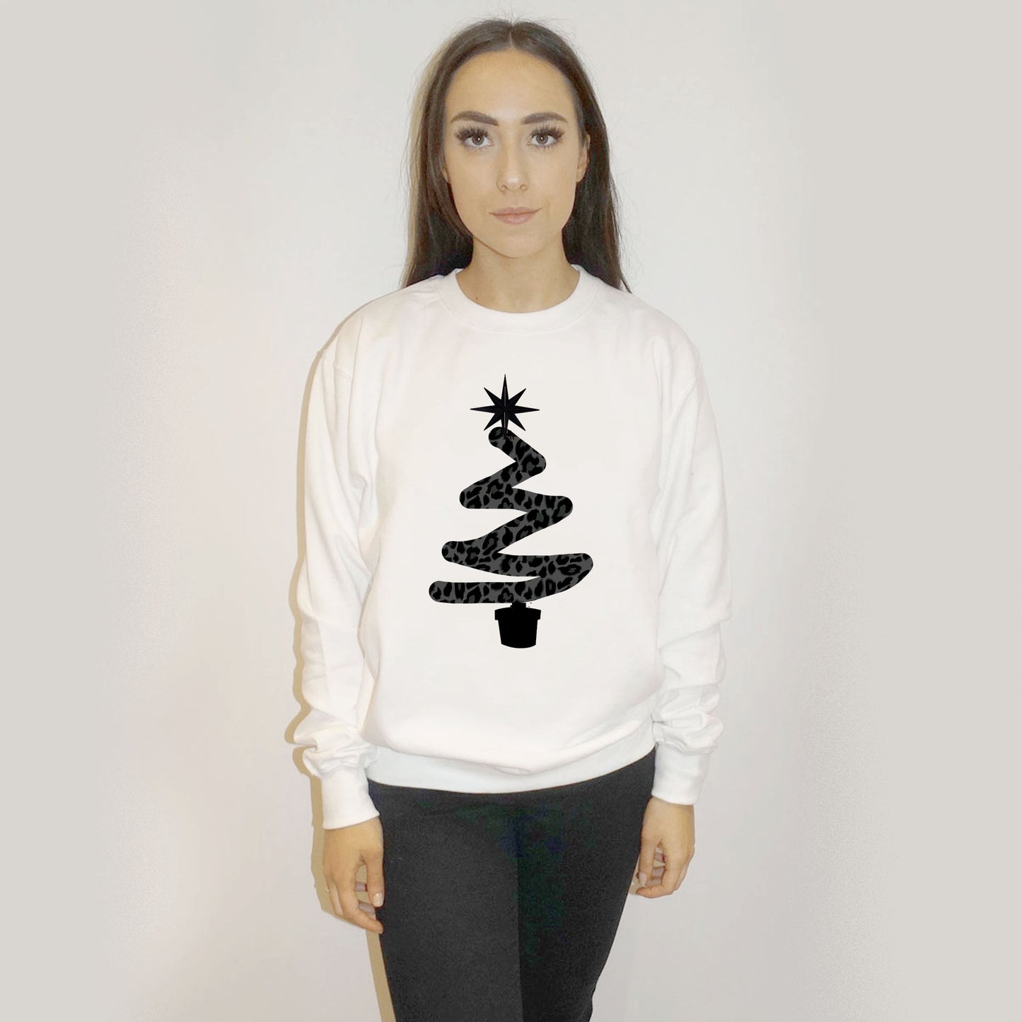 White Christmas Sweater With Black Leopard Christmas Tree Print