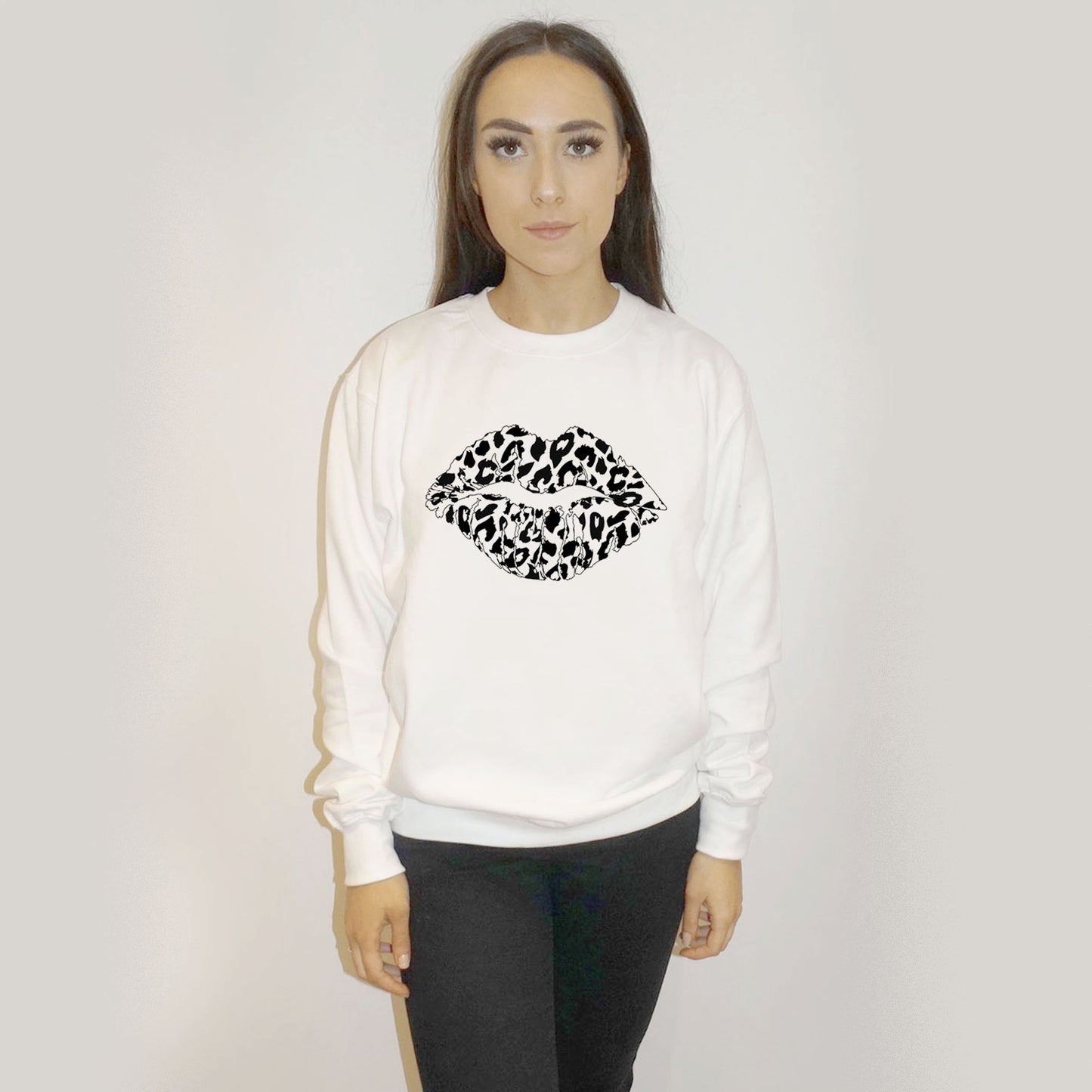 Black Animal Print Outline Lip Motif Jumper In White