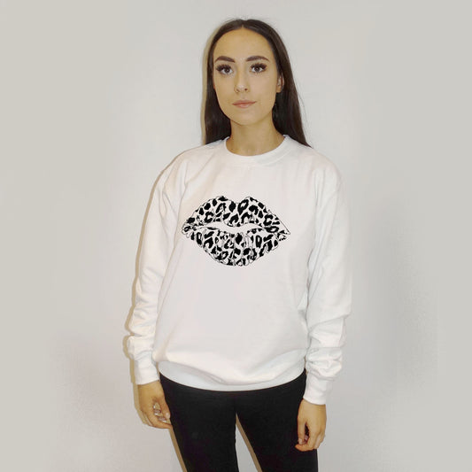 Black Animal Print Outline Lip Motif Jumper In White