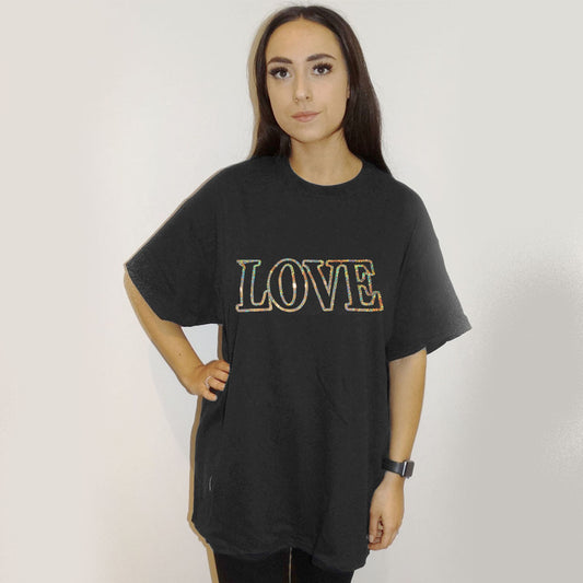 Gold Holographic Love Print Tshirt In Black