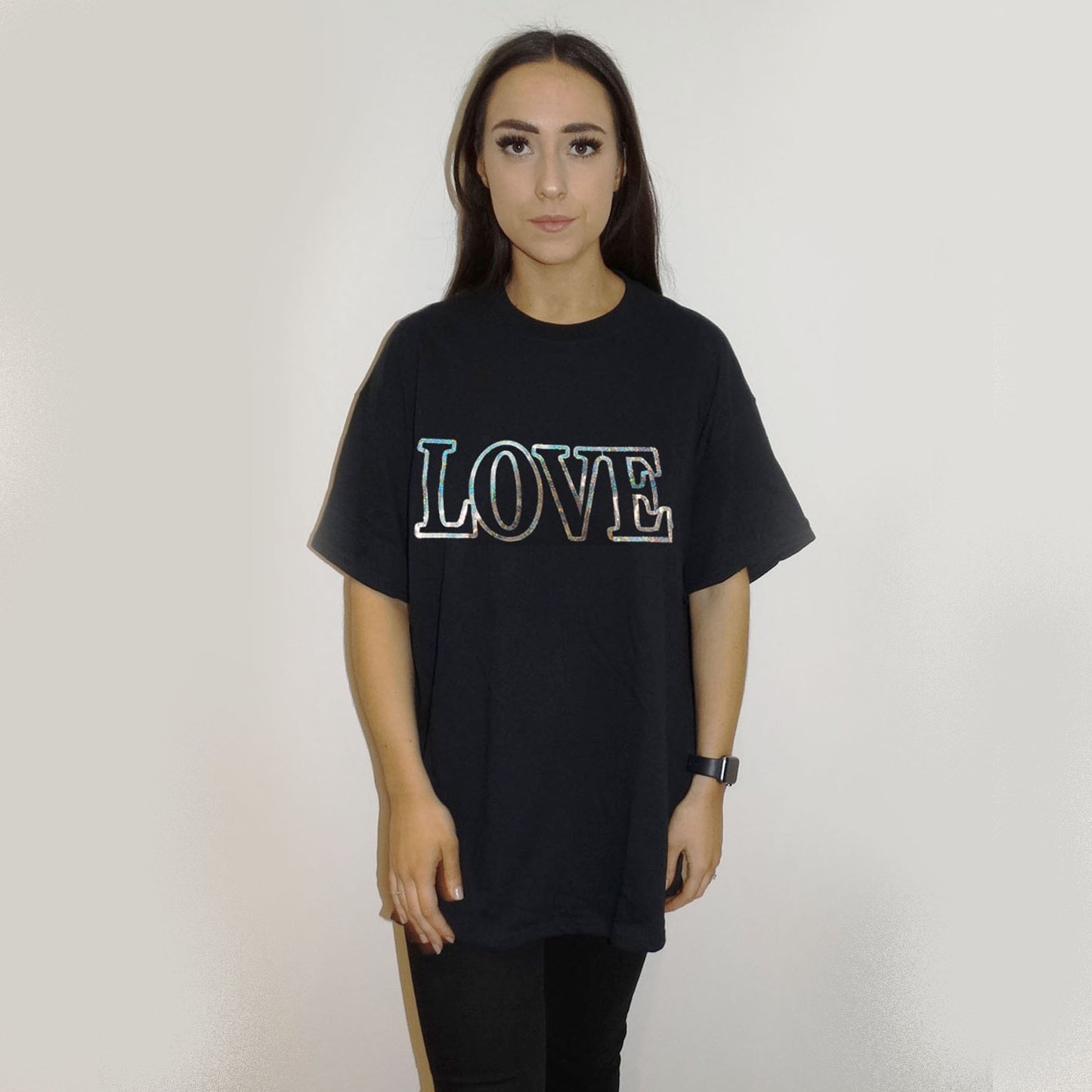 Gold Holographic Love Print Tshirt In Black