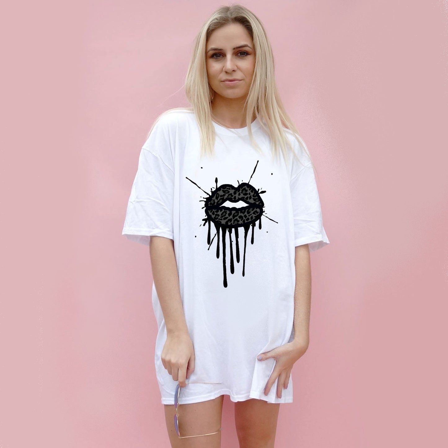 Black Leopard Lip Drip Splat Print Tshirt In White