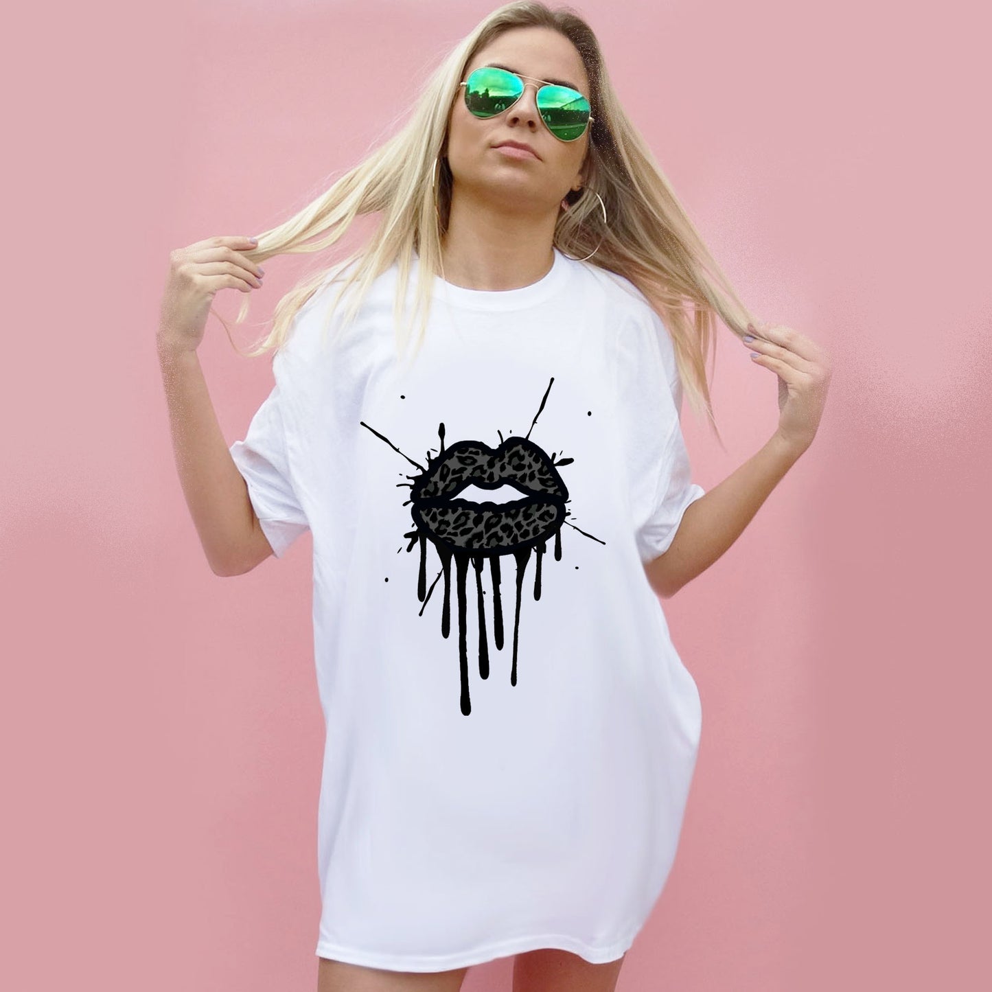 Black Leopard Lip Drip Splat Print Tshirt In White