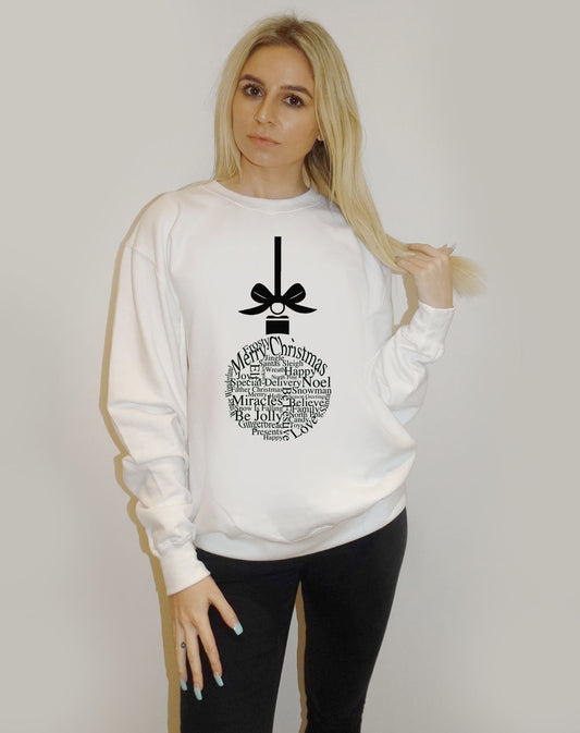 White Christmas Sweater With Text Ball Ball Print