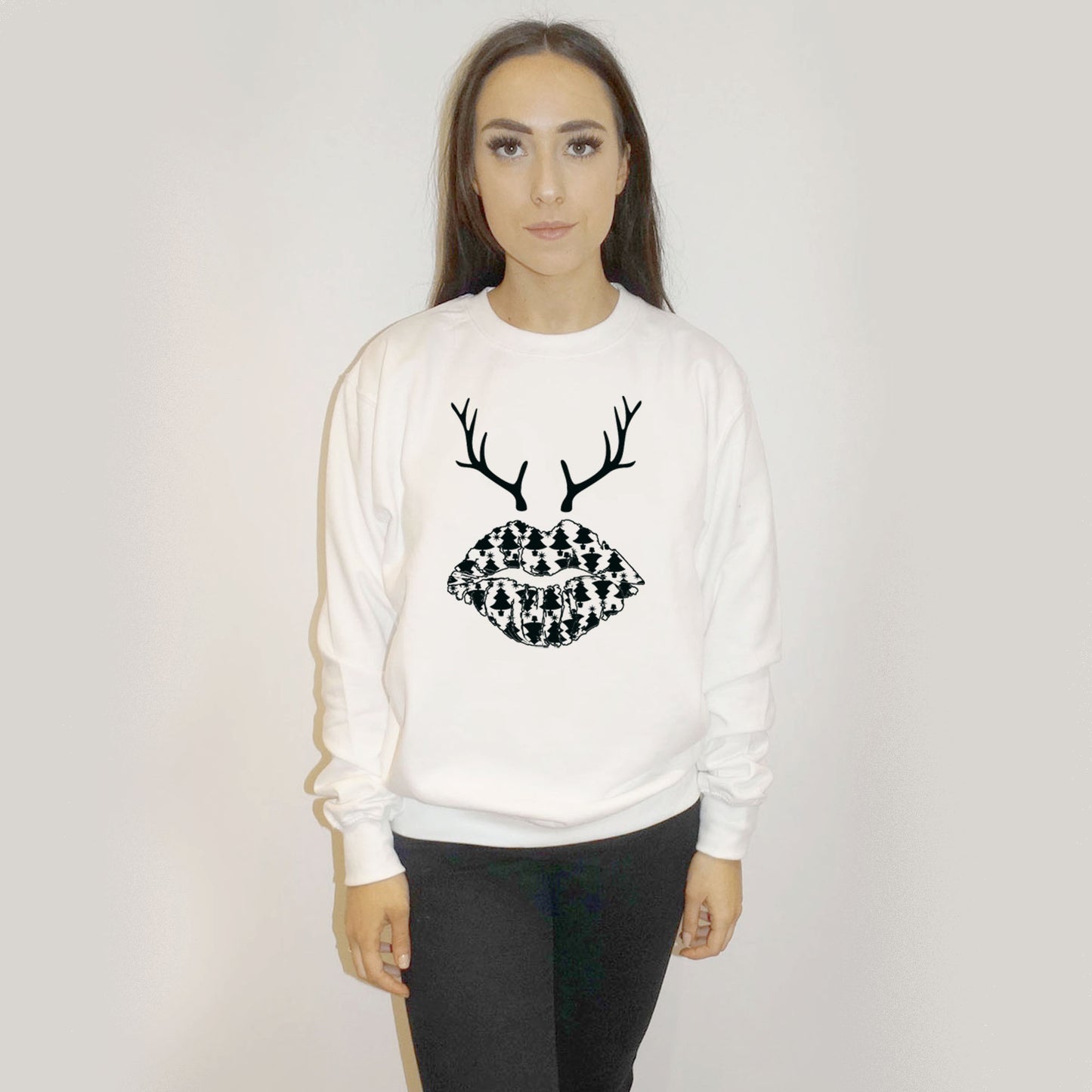 Black Xmas Tree Lip Reindeer Christmas Oversized Jumper In White