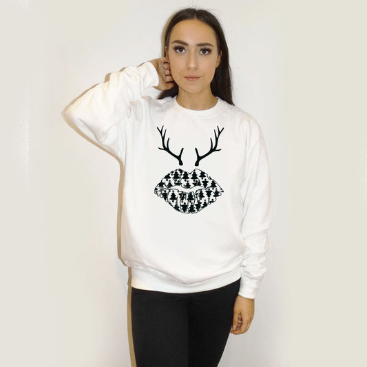 Black Xmas Tree Lip Reindeer Christmas Oversized Jumper In White