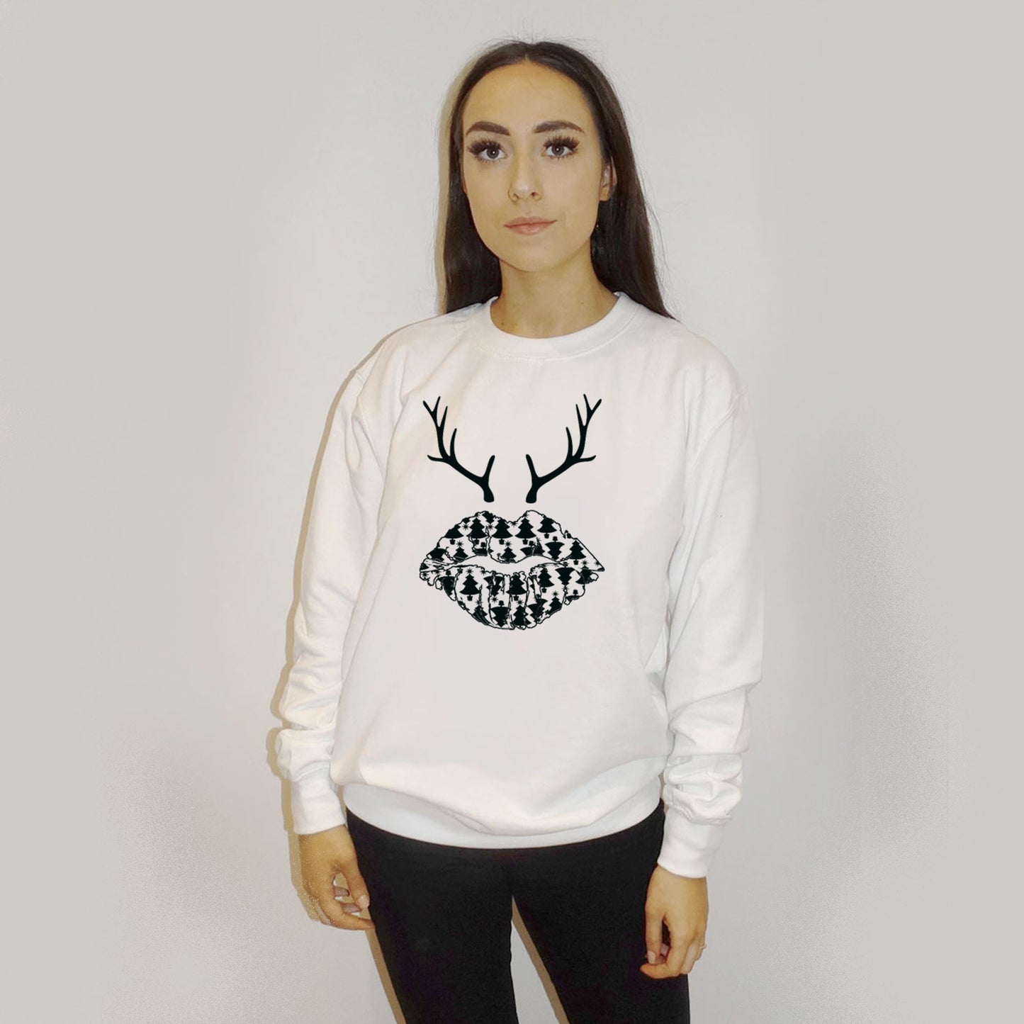 Black Xmas Tree Lip Reindeer Christmas Oversized Jumper In White