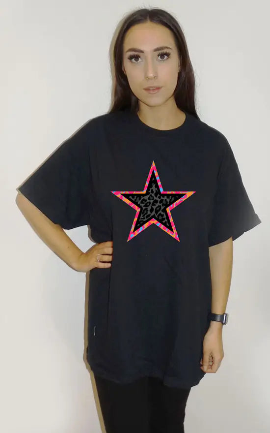 Black T Shirt With Black And Orange Leopard Star Print