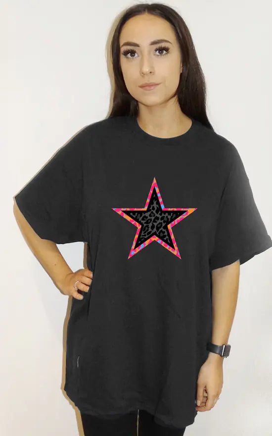 Black T Shirt With Black And Orange Leopard Star Print