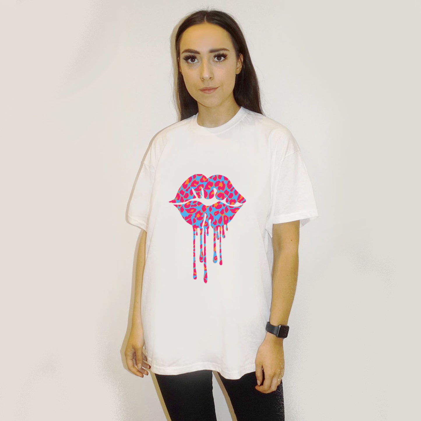 White Oversize Tshirt With Blue And Pink Leopard Craze Lip Drip Motif