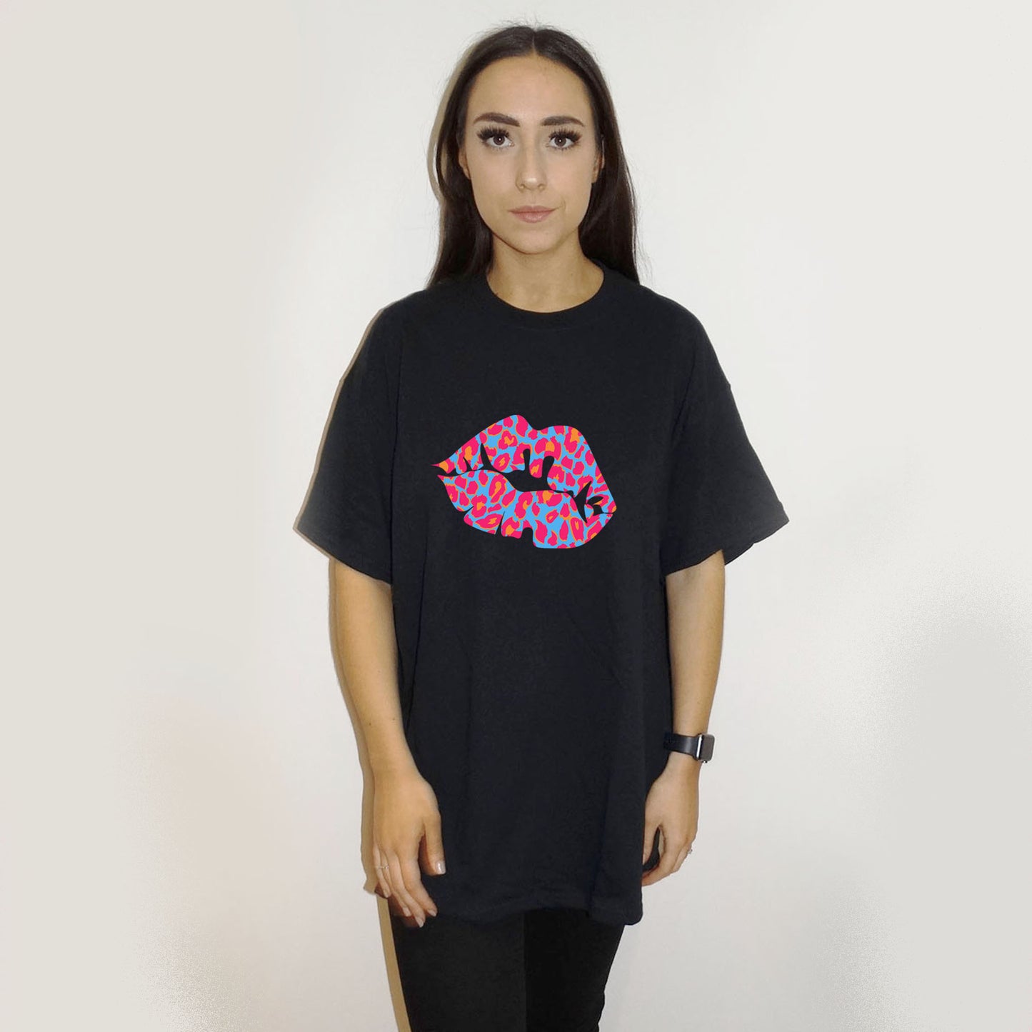 Black Oversize T Shirt With Blue And Pink Leopard Lip Print